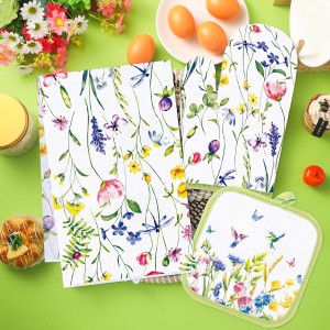 Qinyoung 6 Pcs Spring Floral Kitchen Towels Pot Holders and Oven Mitts Set Flowers Farmhouse Absorbent Dish Towels Heat Resistant Pot Holders and Oven Mitts for Cooking Baking
