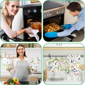Qinyoung 6 Pcs Spring Floral Kitchen Towels Pot Holders and Oven Mitts Set Flowers Farmhouse Absorbent Dish Towels Heat Resistant Pot Holders and Oven Mitts for Cooking Baking