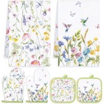 Qinyoung 6 Pcs Spring Floral Kitchen Towels Pot Holders and Oven Mitts Set Flowers Farmhouse Absorbent Dish Towels Heat Resistant Pot Holders and Oven Mitts for Cooking Baking