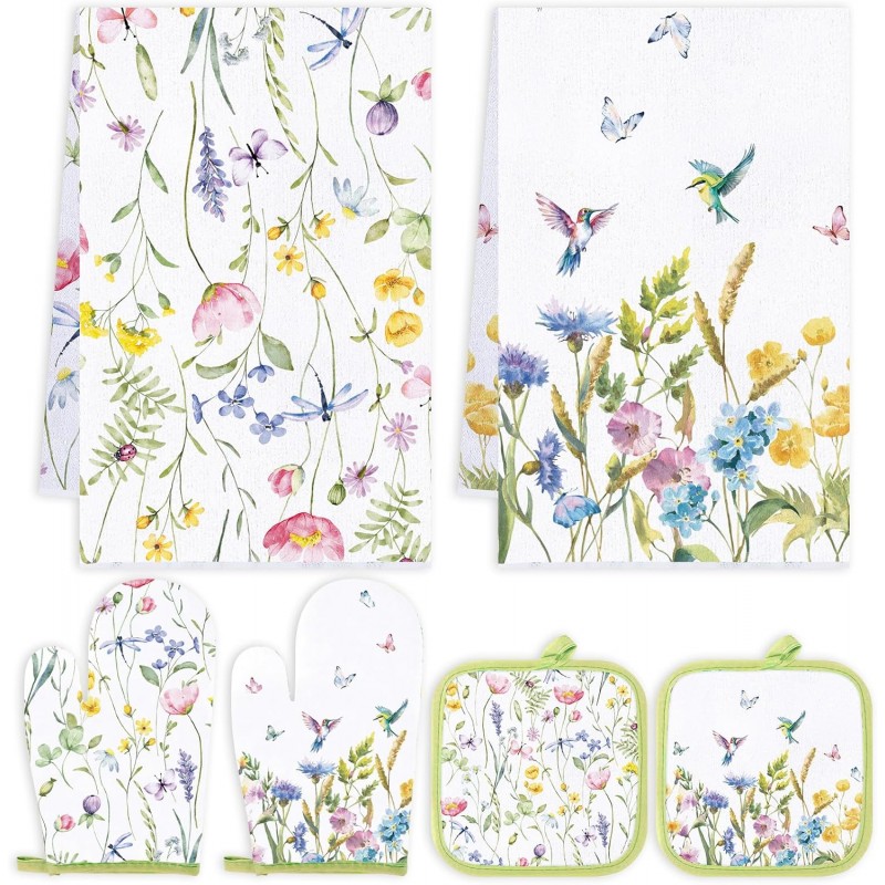 Qinyoung 6 Pcs Spring Floral Kitchen Towels Pot Holders and Oven Mitts Set Flowers Farmhouse Absorbent Dish Towels Heat Resistant Pot Holders and Oven Mitts for Cooking Baking