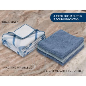 S&T INC. Dish Cloths for Washing Dishes, Microfiber Cleaning Cloth for Home, Blue/Plaid, 12 in. x 12 in., 6PK Includes 3X Dish Scrubber, 3X Solid Cloths