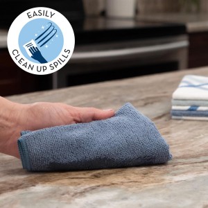 S&T INC. Dish Cloths for Washing Dishes, Microfiber Cleaning Cloth for Home, Blue/Plaid, 12 in. x 12 in., 6PK Includes 3X Dish Scrubber, 3X Solid Cloths