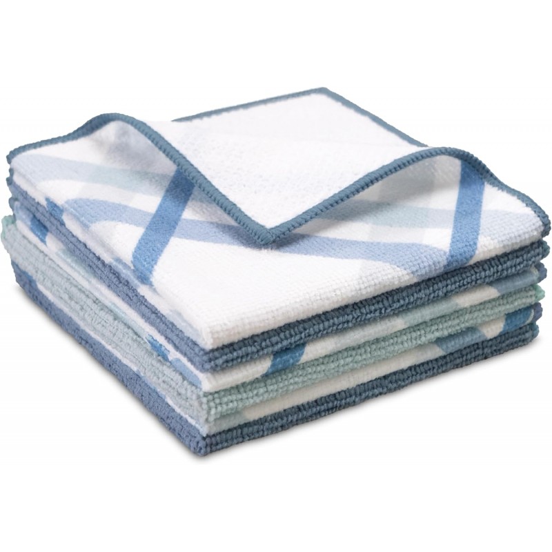 S&T INC. Dish Cloths for Washing Dishes, Microfiber Cleaning Cloth for Home, Blue/Plaid, 12 in. x 12 in., 6PK Includes 3X Dish Scrubber, 3X Solid Cloths