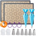 Angadona Macaron Silicone Baking Mats Kit (16pcs set) Macaroon Baking Mat Set of 2 Half Sheet Macaron Silicone Mat Nonstick Macaron Mat Sheet,6 Piping Tip,2 Piping Bag with 3 Bag Tie,2 coupler