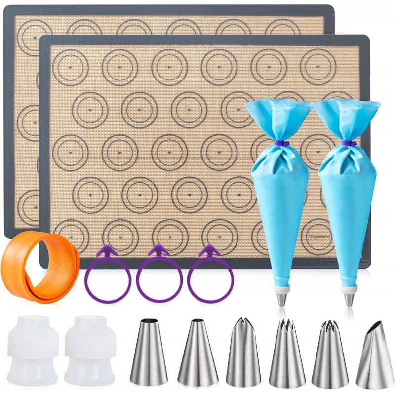 Angadona Macaron Silicone Baking Mats Kit (16pcs set) Macaroon Baking Mat Set of 2 Half Sheet Macaron Silicone Mat Nonstick Macaron Mat Sheet,6 Piping Tip,2 Piping Bag with 3 Bag Tie,2 coupler