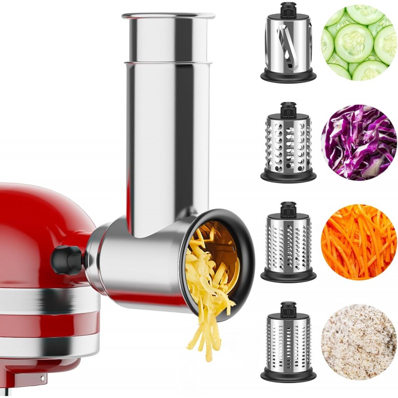 Stainless Steel Slicer Shredder Attachment for Kitchenaid Stand Mixer, Cheese Grater, Salad Maker Accessories for Kitchenaid Mixer, Grinding Powder with 4 Blades by FOCOLLK