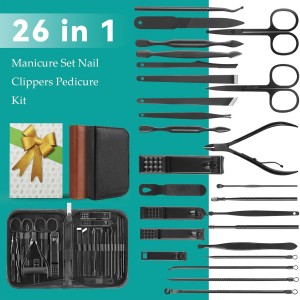 Nail Clippers Set, 26 Piece Manicure Set & Pedicure Kit, Stainless Steel Fingernail & Toenail Clipper Cutters, Professional Nail Care Tools with Luxurious Travel Case for Men and Women, Black