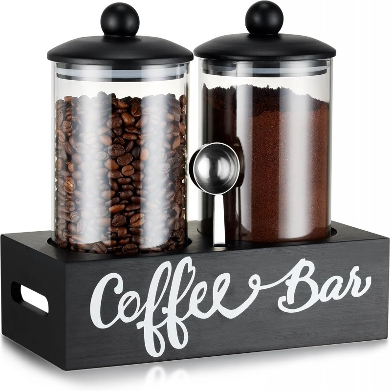 Yangbaga Glass Sugar Coffee Canister for Ground Coffee,2×55OZ Coffee Containers with Handle Shelf Coffee Bar Station Accessories Organizer Decor,Food Storage Jars with Iron Scoop for Kitchen
