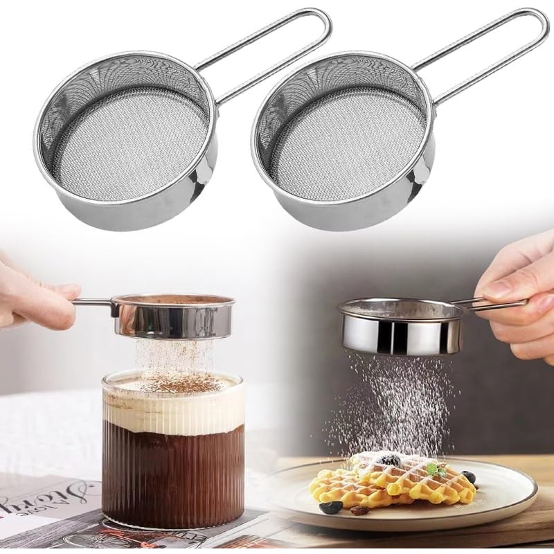 2 Pack Powdered Sugar Sifter - Flour Sifter for Baking - Mini Small Drainer for Baking, Powder, Sugar and Coffee Pastas Tea Strainer (Silver)