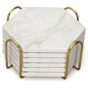 6Pcs White Marble Coaster Set with Holde...
