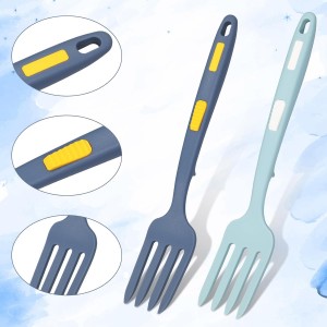 2pcs Silicone Cooking Forks, Multifunctional Cooking Fork Spaghetti Fork Heat Resistant Nonstick Blending Fork for Kitchen Cooking Baking Stir Mix Serving Utensils (Dark Blue, Lake Blue)