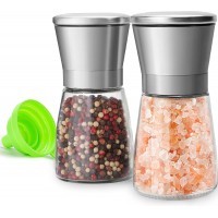 Stainless Steel Salt and Pepper Grinder Set of 2 - Pepper Mill & Salt Mill with Adjustable Coarseness - Glass Spice Shakers - Easy Clean Ceramic Grinders W/Funnel (2.6