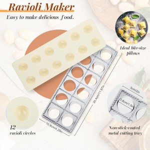 Geetery 5 Pieces Ravioli Mold Set, 12 Holes Ravioli Maker Press, 3 Pasta Cutter Stamps, Wood Rolling Pin, Pasta Making Tools, Pelmeni Mold, Manual, Stainless Steel, White, Silver, Wood Color