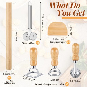 Geetery 5 Pieces Ravioli Mold Set, 12 Holes Ravioli Maker Press, 3 Pasta Cutter Stamps, Wood Rolling Pin, Pasta Making Tools, Pelmeni Mold, Manual, Stainless Steel, White, Silver, Wood Color