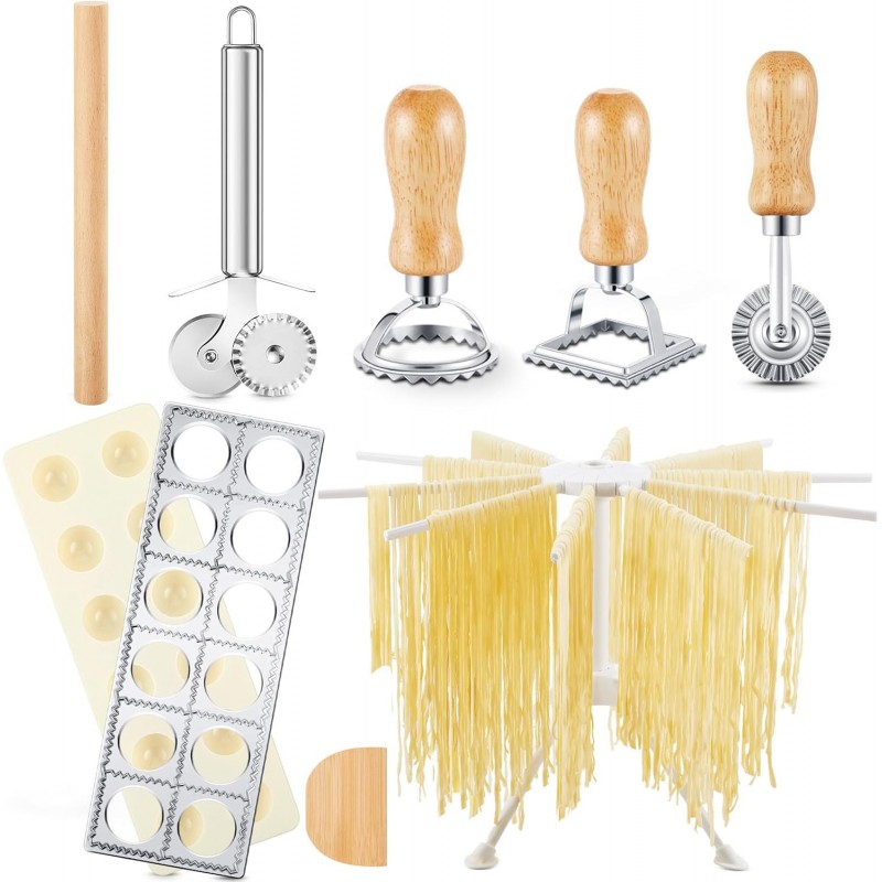 Geetery 5 Pieces Ravioli Mold Set, 12 Holes Ravioli Maker Press, 3 Pasta Cutter Stamps, Wood Rolling Pin, Pasta Making Tools, Pelmeni Mold, Manual, Stainless Steel, White, Silver, Wood Color