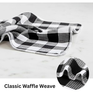 PurpleEssences Waffle Weave Plaid Dish Cloths, 100% Cotton, 12x12 Inch, Soft Absorbent Quick Drying Buffalo Check Dish Rags for Kitchen, 6 Pack, Spring Easter Summer - Black and White