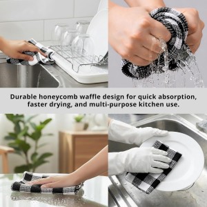 PurpleEssences Waffle Weave Plaid Dish Cloths, 100% Cotton, 12x12 Inch, Soft Absorbent Quick Drying Buffalo Check Dish Rags for Kitchen, 6 Pack, Spring Easter Summer - Black and White