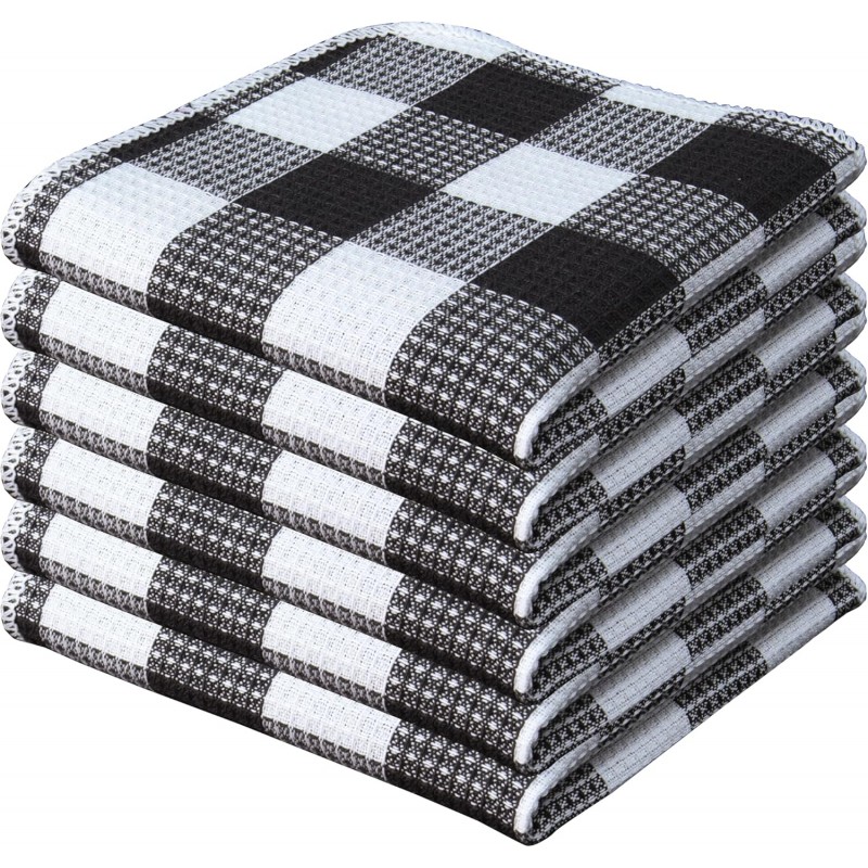 PurpleEssences Waffle Weave Plaid Dish Cloths, 100% Cotton, 12x12 Inch, Soft Absorbent Quick Drying Buffalo Check Dish Rags for Kitchen, 6 Pack, Spring Easter Summer - Black and White