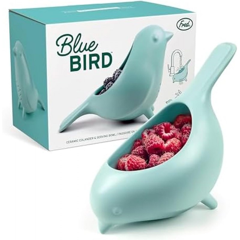 Genuine Fred BLUE BIRD Ceramic Colander, Charming, Unique Design, Berry Colander, Fun Kitchen Gadget