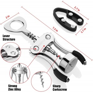 Powerful Wine Opener, Ergonomic Soft Touch Heavy Duty Manual Bottle Openers, Rust Resistant Zinc Alloy Winged Corkscrew, Easy Use, Open Corks, Dishwasher Safe, Bar Accessories