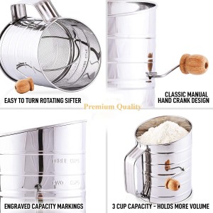 Stainless Steel 3 Cups Flour Sifter for baking | Rotary Hand Crank Powdered sugar shaker and flour duster|