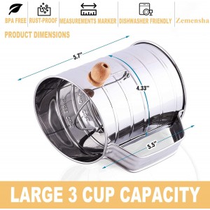Stainless Steel 3 Cups Flour Sifter for baking | Rotary Hand Crank Powdered sugar shaker and flour duster|