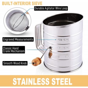 Stainless Steel 3 Cups Flour Sifter for baking | Rotary Hand Crank Powdered sugar shaker and flour duster|