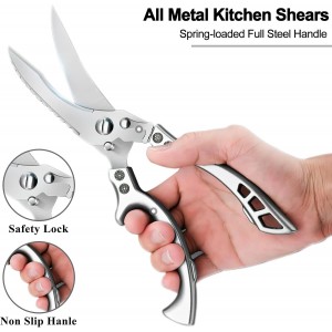 Poultry Shears Heavy Duty Professional, Multipurpose Kitchen Shears with Sheath, Spring-Loaded Stainless Steel Chef Scissors Cutting Bone, Chicken, Fish, Food, Meat, Full Steel Handle Silver