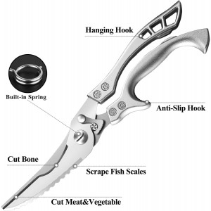 Poultry Shears Heavy Duty Professional, Multipurpose Kitchen Shears with Sheath, Spring-Loaded Stainless Steel Chef Scissors Cutting Bone, Chicken, Fish, Food, Meat, Full Steel Handle Silver