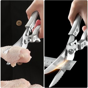 Poultry Shears Heavy Duty Professional, Multipurpose Kitchen Shears with Sheath, Spring-Loaded Stainless Steel Chef Scissors Cutting Bone, Chicken, Fish, Food, Meat, Full Steel Handle Silver