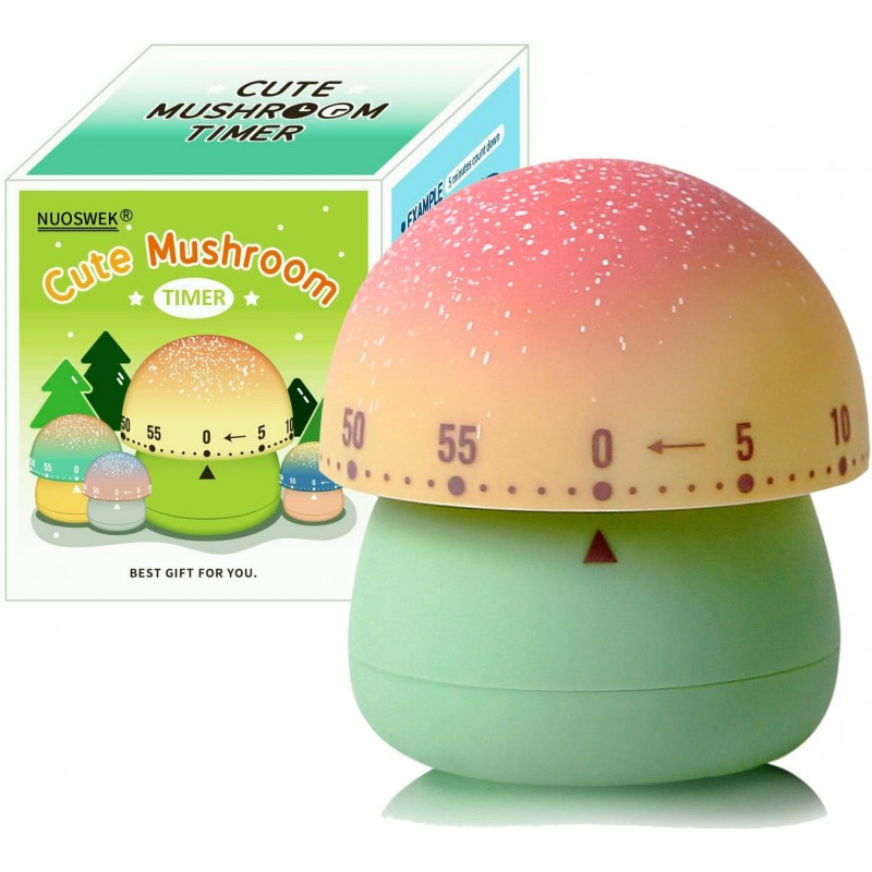 Cute Mushroom Timer for Kids, High Volume Mechanical Kitchen Timer, Wind Up 60 Minutes Manual Countdown Timer for Classroom, Home, Study and Cooking (Green)