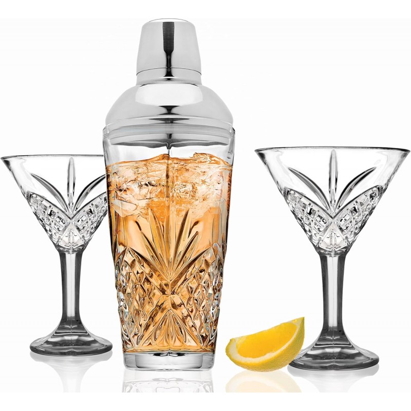 Godinger Cocktail Shaker and Cocktail Glasses Bar Set, Martini Shaker and 2 Martini Glasses Set - Dublin Collection