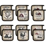 Bencailor 12 Pcs Pot Holders with Pocket Kitchen Hot Potholders Hot Pad Oven Mitts Cookie Bag Oven Gloves for Kitchen Gift Baking Cooking(Brown,Farmhouse Rooster)
