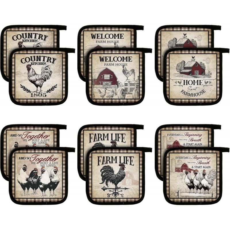 Bencailor 12 Pcs Pot Holders with Pocket Kitchen Hot Potholders Hot Pad Oven Mitts Cookie Bag Oven Gloves for Kitchen Gift Baking Cooking(Brown,Farmhouse Rooster)