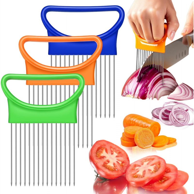 FANTEXY 3Pieces Onion Holder for Slicing, Stainless Steel Onion Cutter for Slicing, Potato Lemon Slicer Tomato Slicers Kitchen Comb for Vegetables, Fruit and Meat