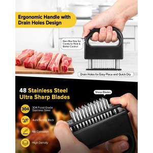 Meat Tenderizer Tool, 48 Stainless Steel Ultra Sharp Needle Blades Meat Tenderizer Stapler for Tenderizing Steak/Beef/Pork/Turkey/Fish/Poultry/Veal Marinade,Black