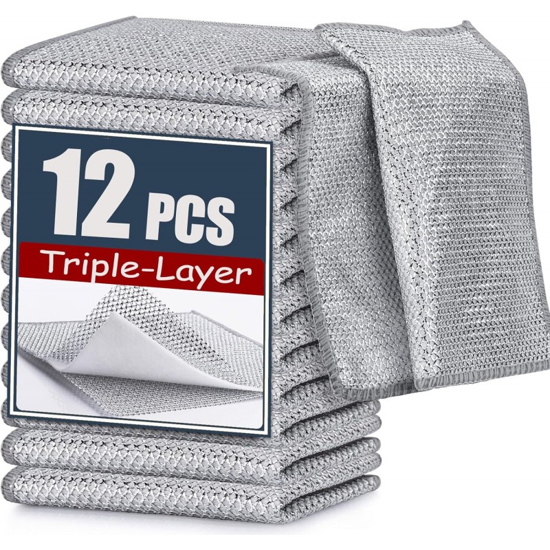 Navona 12 Pcs New Upgrade Steel Wire Dishcloth,Triple-Layer Steel Wire Cleaning Cloth,Powerful Cleaning Non-Scratch Wire Dishcloth Rag for Cookware, Sinks, Dishes, Stove Tops