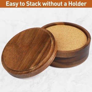 Wooden Drink Coasters Set of 4, Stackable Cup Coaster for Table, 4.2 inch Absorbent Cork Coasters Set for Tabletop Protection, Rustic Glass Coaster for Coffee, Home Decor.