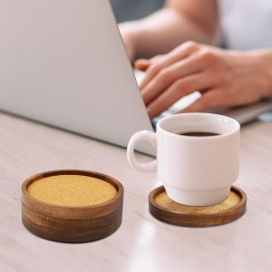 Wooden Drink Coasters Set of 4, Stackable Cup Coaster for Table, 4.2 inch Absorbent Cork Coasters Set for Tabletop Protection, Rustic Glass Coaster for Coffee, Home Decor.