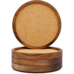 Wooden Drink Coasters Set of 4, Stackable Cup Coaster for Table, 4.2 inch Absorbent Cork Coasters Set for Tabletop Protection, Rustic Glass Coaster for Coffee, Home Decor.