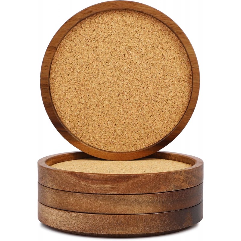 Wooden Drink Coasters Set of 4, Stackable Cup Coaster for Table, 4.2 inch Absorbent Cork Coasters Set for Tabletop Protection, Rustic Glass Coaster for Coffee, Home Decor.