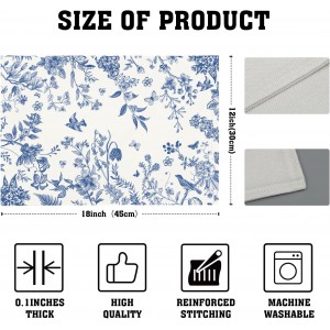 Kawani Blue White Floral Placemats Set of 4 Spring Summer Flower Branches Place Mats 12x18 Inch Chinoiserie Table Mats for Home Kitchen Party Decor