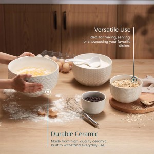 KooK Ceramic Mixing Bowls, Nesting Set of 4, Embossed Kitchen Dishware, Prep, Serving, Gift, Microwave and Dishwasher Safe, 20/44/98/145 oz, Narbonne Collection (Ivory)