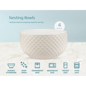 KooK Ceramic Mixing Bowls, Nesting Set of 4, Embossed Kitchen Dishware, Prep, Serving, Gift, Microwave and Dishwasher Safe, 20/44/98/145 oz, Narbonne Collection (Ivory)