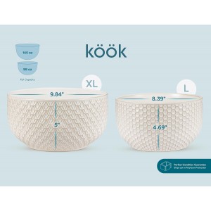 KooK Ceramic Mixing Bowls, Nesting Set of 4, Embossed Kitchen Dishware, Prep, Serving, Gift, Microwave and Dishwasher Safe, 20/44/98/145 oz, Narbonne Collection (Ivory)