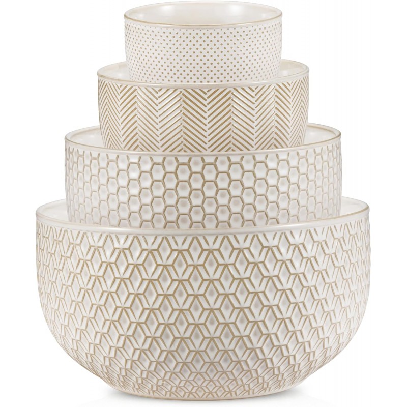 KooK Ceramic Mixing Bowls, Nesting Set of 4, Embossed Kitchen Dishware, Prep, Serving, Gift, Microwave and Dishwasher Safe, 20/44/98/145 oz, Narbonne Collection (Ivory)