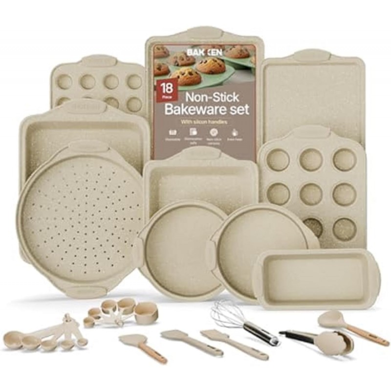 18-Piece Deluxe Nonstick Carbon Steel Bakeware Set - Professional Kitchen Oven Baking Pans with White Silicone Handles and Accessories