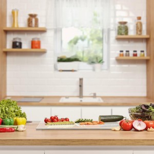 Small Glass Cutting Board,Clear Tempered Glass for Kitchen 1 Pcs (8"x12"),with Rubber Feet,Non-Slip,Durable Shatter Resistant,Dishwasher Safe,Scratch Resistant,Heat Resistant