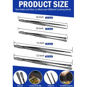 JETKONG 4 Pcs Kitchen Tweezers, 12'' and 10'' Stainless Steel Cooking Tweezers Set, High-Precision Tweezers Tongs for Cooking, Repairing, Seafood and BBQ (Black)