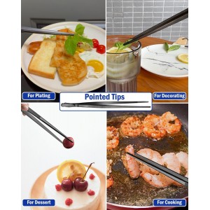 JETKONG 4 Pcs Kitchen Tweezers, 12'' and 10'' Stainless Steel Cooking Tweezers Set, High-Precision Tweezers Tongs for Cooking, Repairing, Seafood and BBQ (Black)